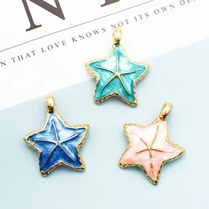 Colgantes de estrella de mar en esmalte rosa y azul con borde dorado para accesorios de pelo