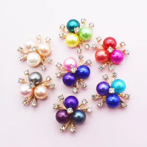 Colorful triple pearl flower pendants with rhinestones on gold alloy base for DIY accessories