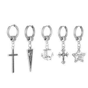 Pendientes de Aro de Acero Inoxidable Con Colgante de Cruz Estrella Ancla Triángulo Para Hombre Mujer Punk Hip Hop Joyería Retro