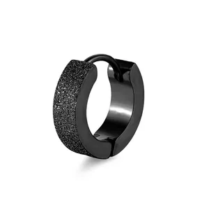 Minimalist black stainless steel hoop earrings with a glittery sandblasted matte finish