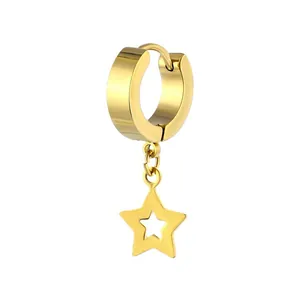 Macro shot of gold stainless steel huggie earring featuring a hollow star-shaped pendant