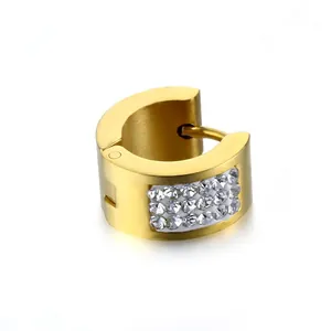 Golden titanium steel multi-row rhinestone hoop earring with hinged snap closure