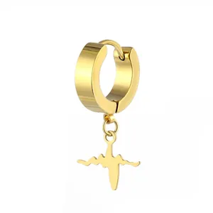 Polished gold stainless steel hoop earrings with heartbeat pulse charm on white background