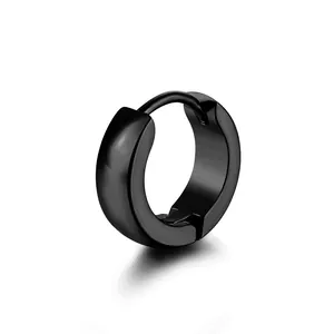 Polished black titanium steel huggie earrings with a sleek domed surface and glossy finish