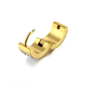 Gold plated stainless steel huggie earrings with three row cubic zirconia stones