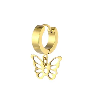 Polished gold butterfly drop earrings with stainless steel hoop clasp on white background