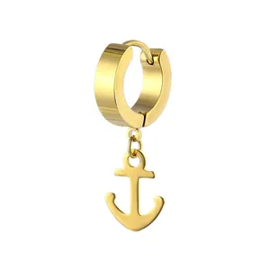 Golden titanium steel anchor pendant earrings with polished heart buckle closure