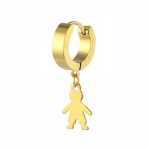 Polished gold stainless steel hoop earring with a minimalist person shaped pendant