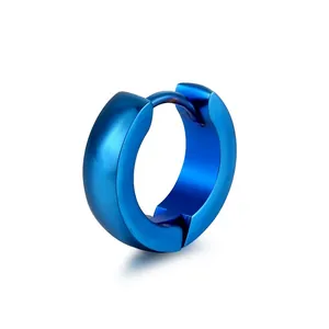 Polished blue stainless steel huggie hoop earrings in a minimalist round design