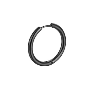 Detailed view of matte black stainless steel hoop earring with secure pin closure