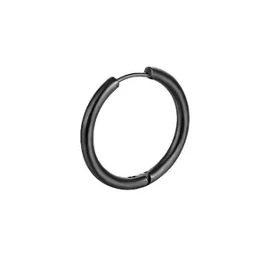 Minimalist black stainless steel hoop earrings with a polished finish and hinged closure