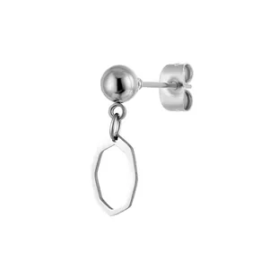 Close-up of polished stainless steel ball stud earring with geometric heptagon pendant