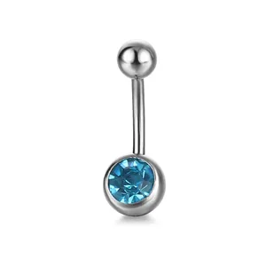Polished silver stainless steel belly button ring with a sparkling light blue round crystal