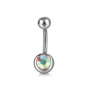Polished stainless steel belly button ring with iridescent AB crystal stone