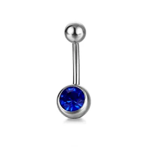 Polished stainless steel belly ring with round faceted deep blue zircon gemstone