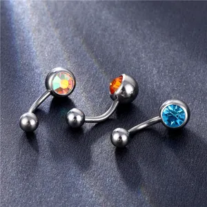 Polished stainless steel belly rings with rainbow, orange, and blue crystals