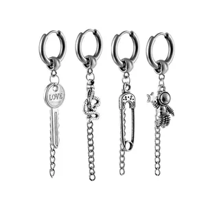 Punk 316L Stainless Steel Hoop Earrings With Snake Astronaut Key Safety Pin Chain Pendant For Men Women Hip Hop Jewelry