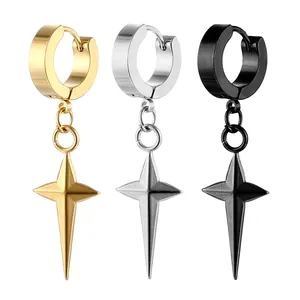 Trois couleurs de boucles d'oreilles créoles avec pendentifs étoile en or, argent et noir