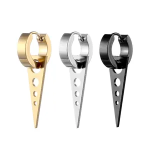 Detail of titanium steel hoop earrings with triangle pendants in gold, silver, and black