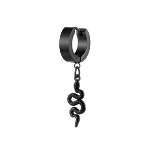 Black stainless steel hoop earring with detailed snake pendant in punk streetwear style