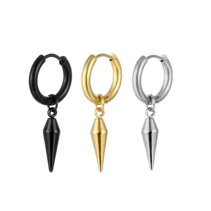 Three hoop earrings with cone pendants in black, gold, and silver stainless steel