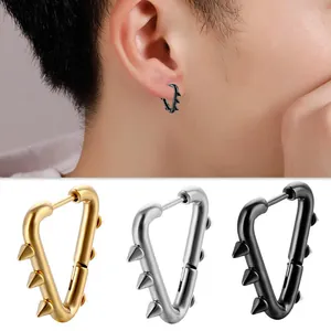 Punk Stainless Steel Triangle Spike Rivet Huggie Hoop Earrings For Men Women Gothic Geometric Street Jewelry Black Gold Silver