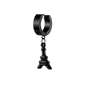 Black titanium steel hoop earring featuring a minimalist Eiffel Tower pendant charm
