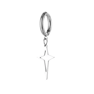 Polished stainless steel hoop earring with a hollow star pendant on white background