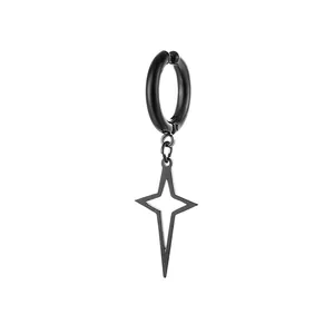 Black stainless steel hoop earrings with hollow star pendant in minimalist punk style