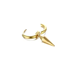 Polished gold stainless steel hoop earring with a sharp cone pendant in punk style
