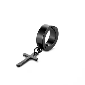 Polished black titanium steel cross pendant ear clip earring for punk fashion look