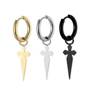 Set of titanium steel hoop earrings with sword cross pendants in gold, black, and silver