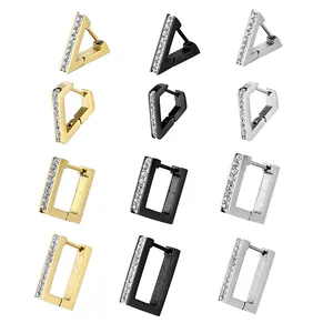 Stainless Steel Geometric Hoop Earrings For Men Women Single Row Zirconia Inlaid Triangle Square Rhombus Ear Clip Hip Hop Jewelry