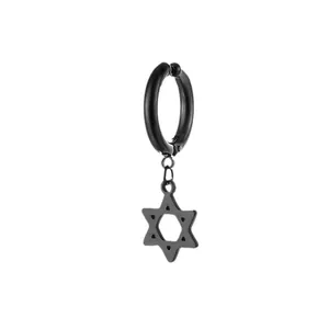 Black stainless steel hoop earring featuring a dangling Star of David punk pendant