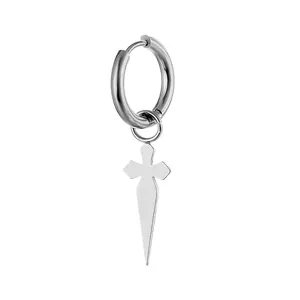 Silver stainless steel hoop earring with a gothic cross pendant on a white background