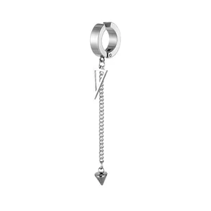 Detail of silver stainless steel tassel ear cuff with chain and triangle charm