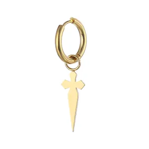 Polished gold stainless steel hoop earring with a sleek cross pendant for a stylish look