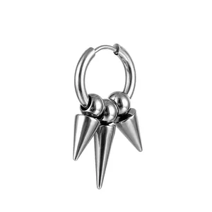 Punk style stainless steel hoop earrings with three dangling cone spikes and silver finish