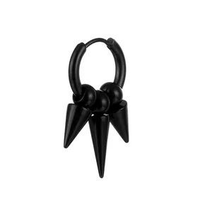 Black stainless steel punk hoop earring with three long spiked cone charms and beads