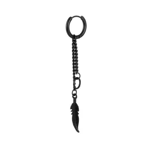 Black stainless steel feather tassel earring with chain and hoop in punk style