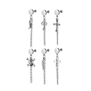 Punk Stainless Steel Tassel Drop Stud Earrings For Men Women Gothic Cross Skull Feather Fishbone Chain Dangle Earrings Hip Hop Streetwear Jewelry