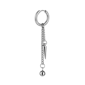 Silver stainless steel huggie hoop earring with tassel chain and cone spike pendant