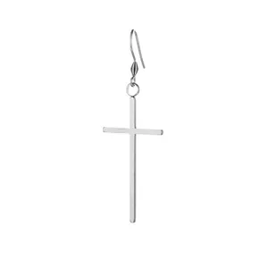 Polished stainless steel cross drop earring with fishhook clasp on white background