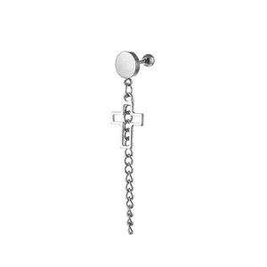 Polished stainless steel cross stud earring with long hanging chain on white background