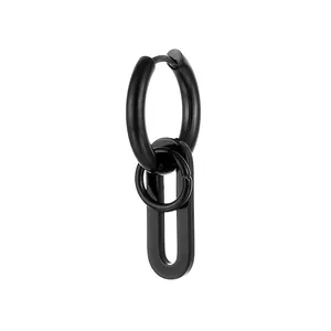 Polished black stainless steel hoop earring with a long oval pendant drop detail