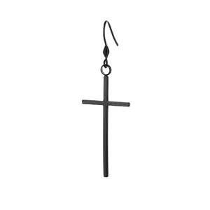 Black titanium steel cross drop earring with matte finish on a clean white background