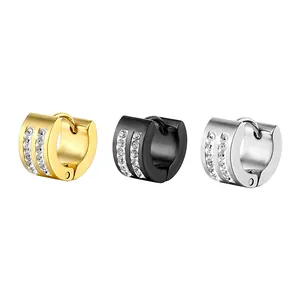 Stainless Steel Double Row Zirconia Hoop Earrings For Women Men Punk Gold Silver Black Minimalist Small Huggie Earrings