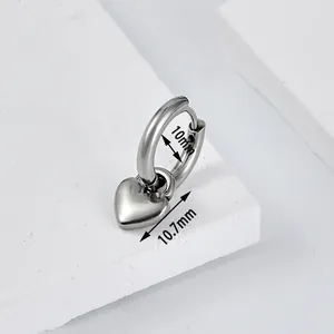 Polished stainless steel heart drop earrings featuring 10mm rings and 10.7mm heart charms