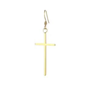 Polished gold stainless steel cross dangle earring with a minimalist mirror finish