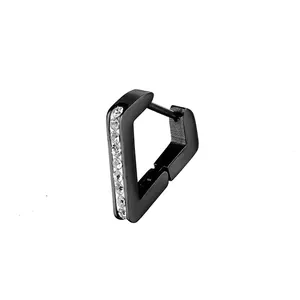 Macro shot of black titanium steel ear cuff featuring a vertical row of clear cubic zirconia